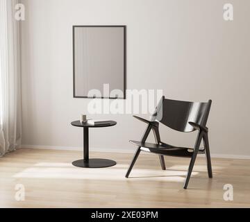 Poster frame mockup on white wall, black chair and coffee table, 3d render Stock Photo