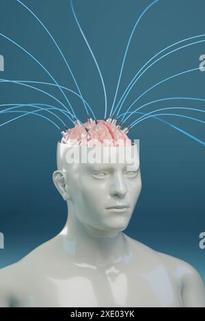 Sculpture of a man with his head open and his brain connected with cables. 3d illustration. Stock Photo