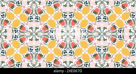 Whimsical seamless pattern featuring illustrations of raspberries, lemons, white strawberries, pink flowers, and green leaves, arranged in a diamond-shaped design. Modern, organic vector style with flat colors. Stock Vector