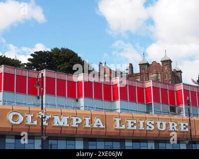 Sign above the olympia leisure centre an amusement arcade and bowling alley in scarborough Stock Photo