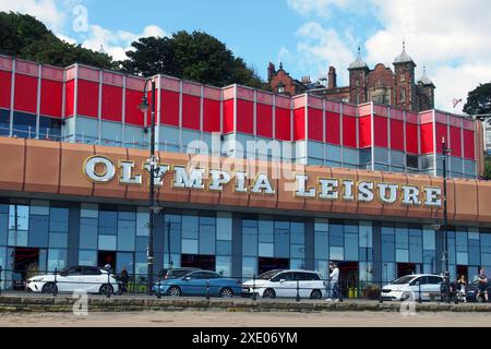 Sign above the olympia leisure centre an amusement arcade and bowling alley in scarborough Stock Photo