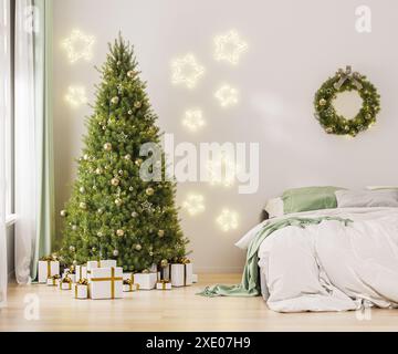 Christmas three with ornaments, festive lights and white and golden gift boxes in room interior near bed, christmas wreath, 3d r Stock Photo