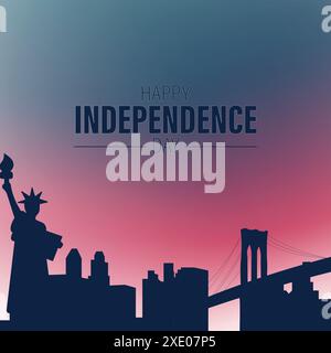 Happy 4th of July USA Independence Day greeting card. Statue of liberty and city skyline, text design and gradient background. Vector illustration. Stock Vector