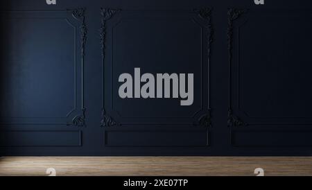 Dark blue wall with classic style mouldings and wooden floor, empty room interior, 3d render Stock Photo