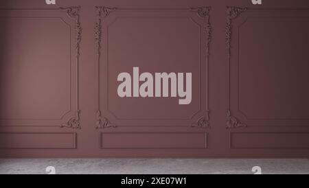 Red wall with classic style mouldings and concrete floor, empty room interior, 3d render Stock Photo