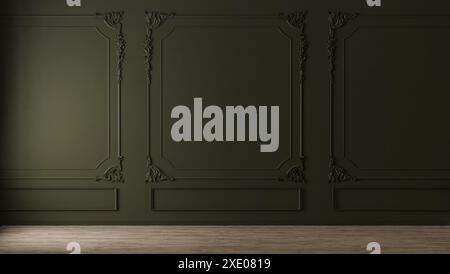 Green wall with classic style mouldings and wooden floor, empty room interior, 3d render Stock Photo