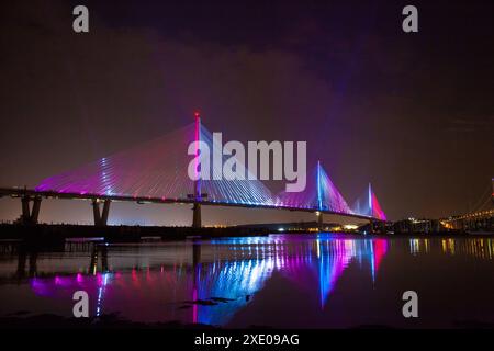 A unique and spectacular light show lighting up the Queensferry Crossing before the official opening Stock Photo