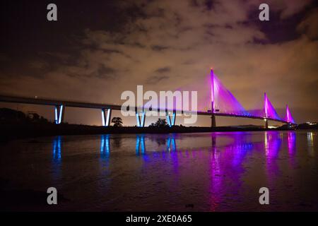 A unique and spectacular light show lighting up the Queensferry Crossing before the official opening Stock Photo