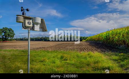 Smart agriculture and smart farm technology. Meteorological instrument used to measure the wind spee Stock Photo