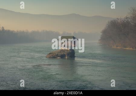 Lonely house on Drina river in Serbia Stock Photo