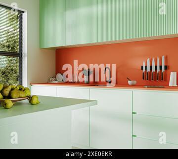 Modern kitchen interior with bright coloured cabinets, window with garden view, 3d rendering Stock Photo