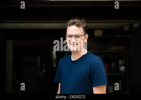 Casual portrait of a 45 yo white man, Borchtlombeek, Flanders, Belgium. Model released. Stock Photo