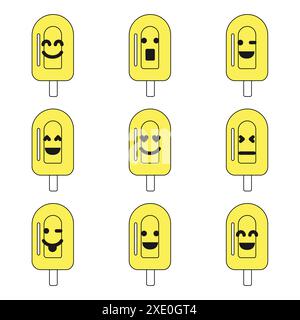 Set of nine yellow emoji ice cream with different characters on white background. Vector illustration Stock Vector