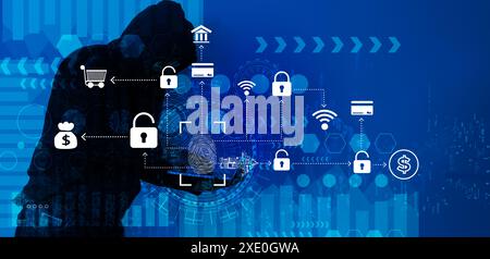 Cybersecurity vulnerability Log4J and hacker, coding, malware concept. Hooded computer hacker in cybersecurity vulnerability Log4J on server room back Stock Photo