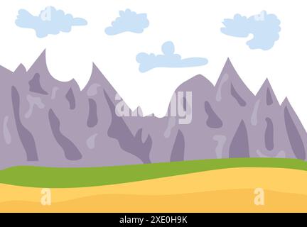 Natural cartoon landscape in the flat style with mountains, blue sky, clouds  and hills. Vector illustration Stock Vector