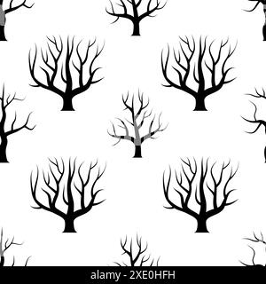 Seamless black and white curved trees without leaves backgrounds. Vector forest seamless texture. Stock Vector