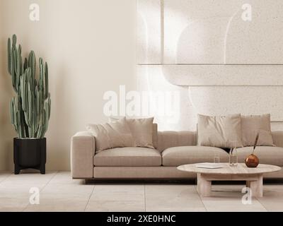 Modern living room interior in beige tones with sofa, cactus and stone wall panel, 3d render Stock Photo