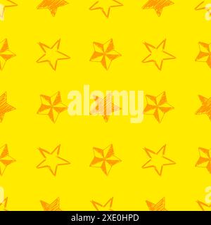 Seamless background of doodle stars. Yellow hand drawn stars on yellow background. Vector illustration Stock Vector