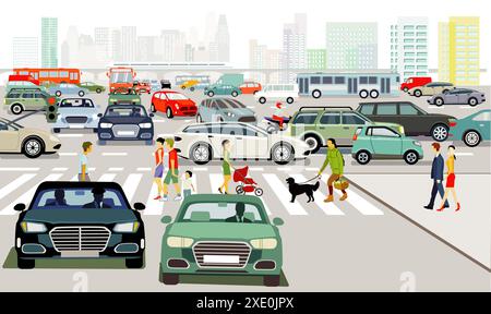 Cars on the crossroads in the traffic jam in the big city illustration ...