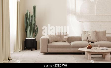 Modern living room interior in beige tones with sofa, cactus and stone wall panel, 3d render Stock Photo