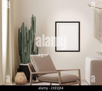 Mock up poster frame with mat in boho interior background with beige wall, armchair and cactus, 3D render illustration Stock Photo
