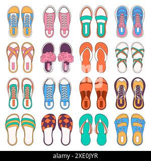 Shoes collection in cartoon style. Set of casual woman and men footwear shoes, sneakers and boots. Vector illustration isolated on a white background. Stock Vector