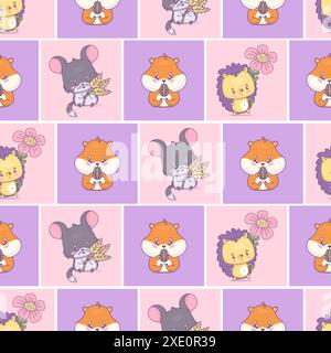 Seamless square pattern with cute rodent. Funny cartoon character chinchilla, hamster and hedgehog on bright geometric checkered background. Vector il Stock Vector