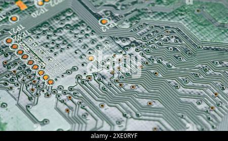Macro Close up of printed wiring on PC circuit board Stock Photo