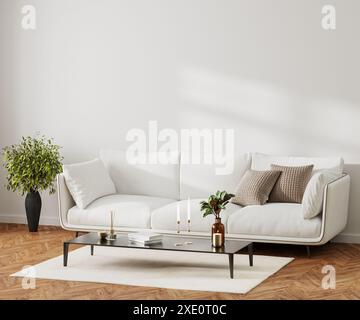 Modern home living room interior with white sofa and coffee table with decor, 3d render Stock Photo