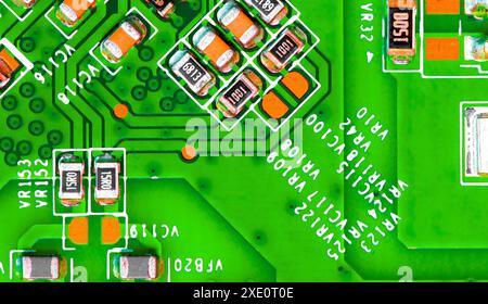 Close up of components and microchips on PC circuit board Stock Photo