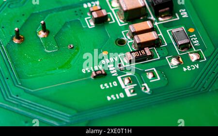 Macro Close up of printed wiring on PC circuit board Stock Photo