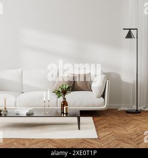 Home living room  interior with white sofa and coffee table with decor, sunlight on white wall, 3d render Stock Photo