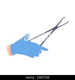 Surgeon hand in latex glove holding surgical metal tweezers during surgery vector illustration Stock Vector