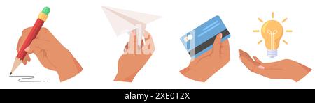 Hands holding pencil, credit card, paper plane, idea lightbulb set Stock Vector
