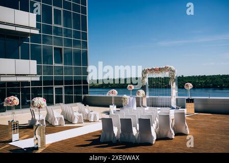 Wedding decorations and a wedding arch for the ceremony Stock Photo