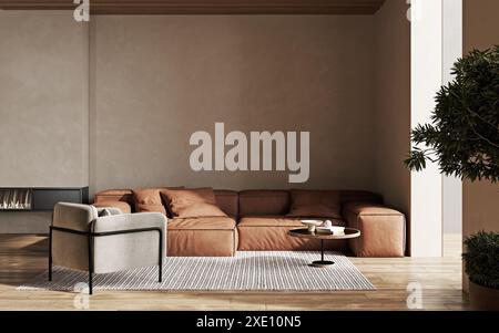 Minimalist living room interior with modern fireplace, armchair and beige plasters walls. Interior mockup, 3d render Stock Photo
