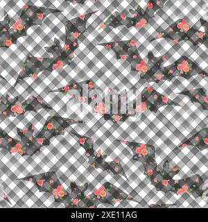 Halloween watercolor grunge seamless pattern with black silhouettes of flying bats on stripe plaid gingham background. Watercolour hand drawn texture. Stock Photo