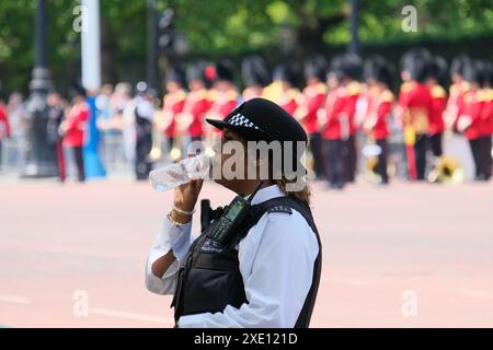 London, UK, 25th June, 2024. A police office takes a sip of water on the hottest day of the year so far. The carriage procession on the Mall to Buckingham Palace following a welcome ceremony in Horse Guards Parade on the first of a three-day state visit by the Emperor and Empress of Japan. Credit: Eleventh Hour Photography/Alamy Live News Stock Photo