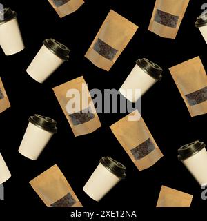 Seamless pattern of paper cups and pouch bags with coffee beans isolated on a black background. Coffee to go, take away drinks concept, mockup for you Stock Photo