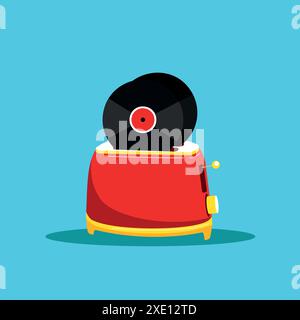 Two black vinyl r4ecords placed into vintage toaster against blue background. Making great old-fashioned party. Creative vector illustration. Stock Vector