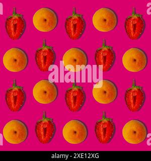 Apricot and strawberry square composition with hard shadows flat lay on pastel pink fuchsia background. Creative layout of fresh summer fruits. Food f Stock Photo