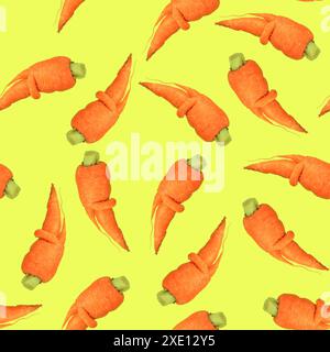 Orange carrots seamless pattern on yellow background made of photography,top view.Raw vegetables and fruits, vegan, ugly food concept,flatlay.Abstract Stock Photo