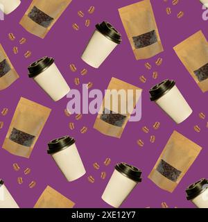 Seamless pattern of paper cups and pouch bags with coffee beans isolated on a violet background. Stock Photo