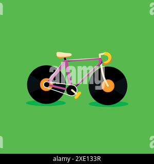 Two vinyl records forming wheels of bicycle against bright green background. Summer activity, fun, hobby. Creative vector illustration. Stock Vector