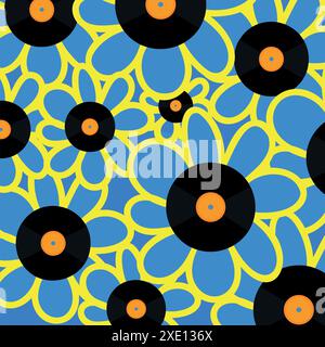 Many vinyl records forming blue and yellow flowers, showing summer vibe. Template for postcards. Creative vector illustration. Stock Vector