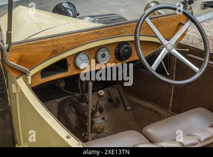 Steering wheel and dashboard of old car Stock Photo