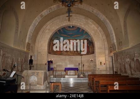 Inside the Catholic Church of Bethphage on Mt. of Olives, painting shows Christ riding a colt to Jerusalem, Yearly Palm Sunday procession starts here. Stock Photo