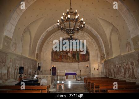 Inside the Catholic Church of Bethphage on Mt. of Olives, painting shows Christ riding a colt to Jerusalem, Yearly Palm Sunday procession starts here. Stock Photo