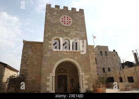 Bethphage Catholic Church on Mt. of Olives with a Jerusalem Cross on tower designed by Antonio Barluzzi, here Christ mounted a colt to ride to Temple Stock Photo