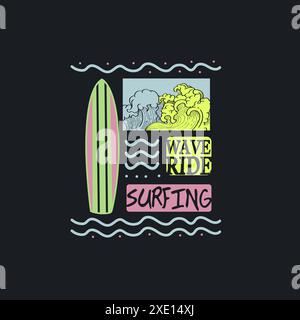 Wave Ride Surfing summer beach typography surf board graphic design Stock Vector